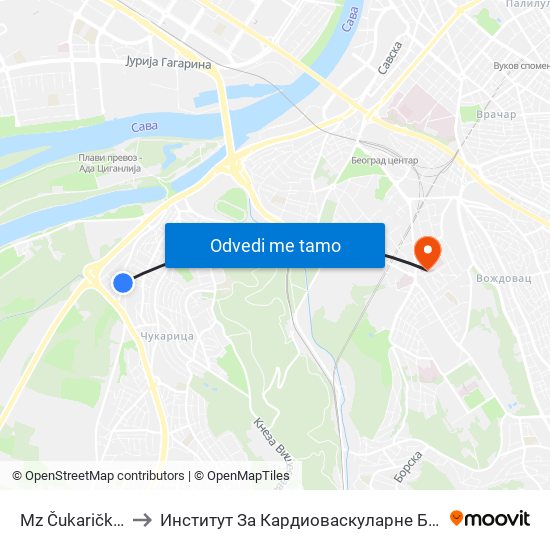 Mz Čukarička Padina to Институт За Кардиоваскуларне Болести ""Дедиње 2"" map