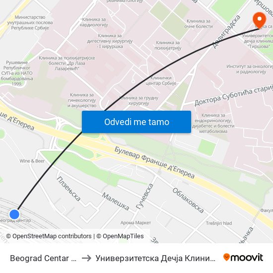 Beograd Centar - Prokop to Универзитетска Дечја Клиника ""Тиршова"" map