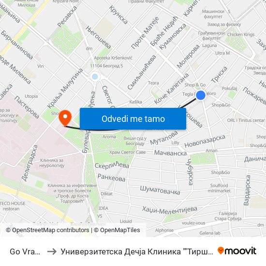 Go Vračar to Универзитетска Дечја Клиника ""Тиршова"" map