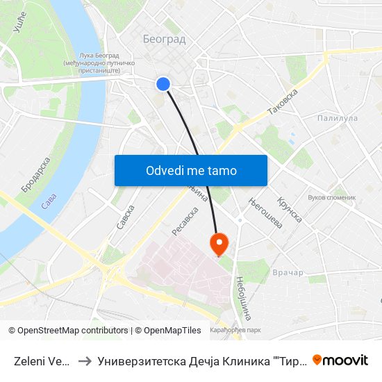 Zeleni Venac to Универзитетска Дечја Клиника ""Тиршова"" map