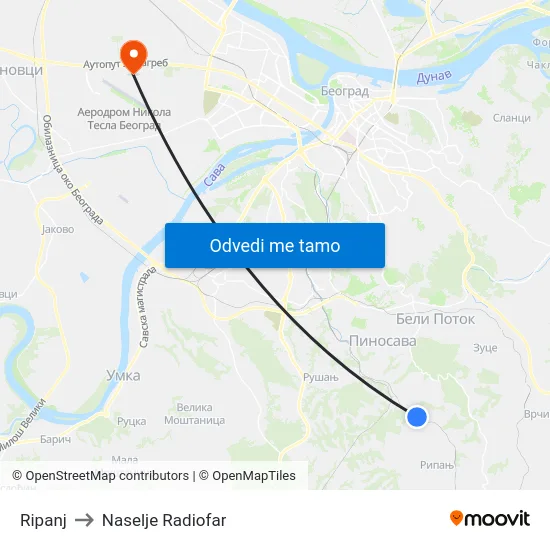 Ripanj to Naselje Radiofar map