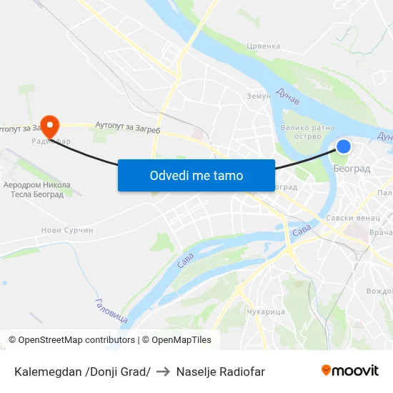 Kalemegdan /Donji Grad/ to Naselje Radiofar map