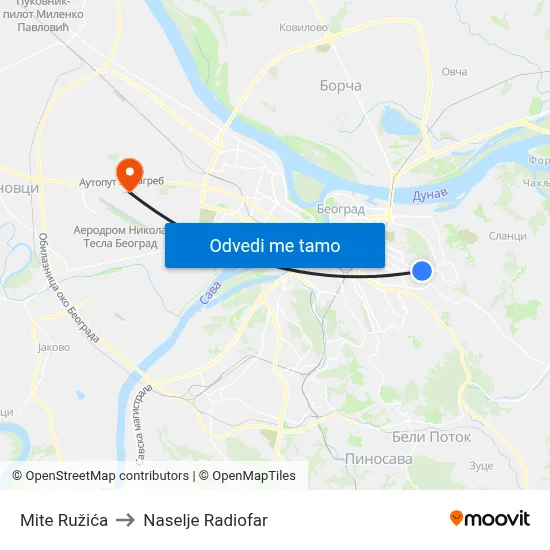 Мите Ружића to Naselje Radiofar map