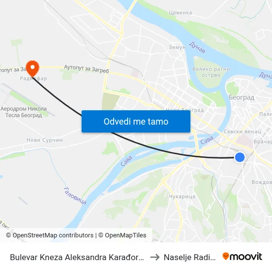 Bulevar Kneza Aleksandra Karađorđevića to Naselje Radiofar map