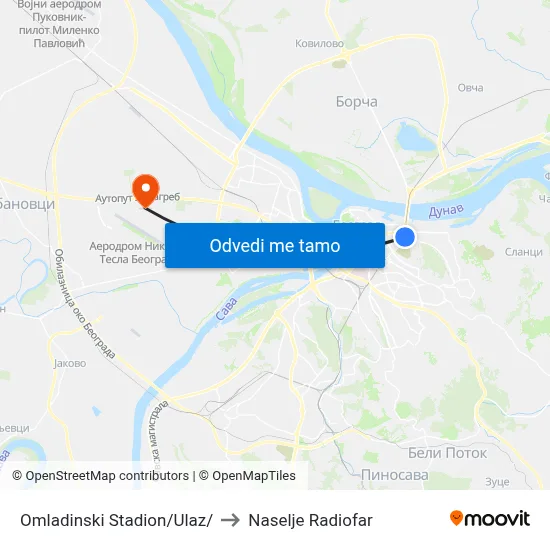 Омладински Стадион/Улаз/ to Naselje Radiofar map