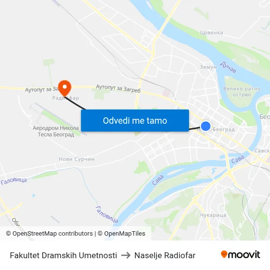 Факултет Драмских Уметности to Naselje Radiofar map