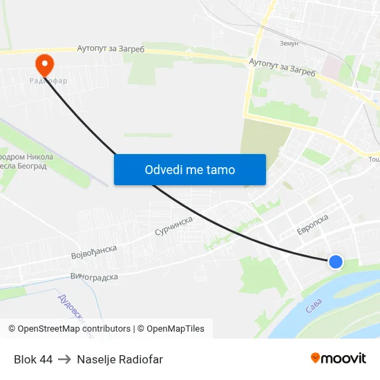 Блок 44 to Naselje Radiofar map