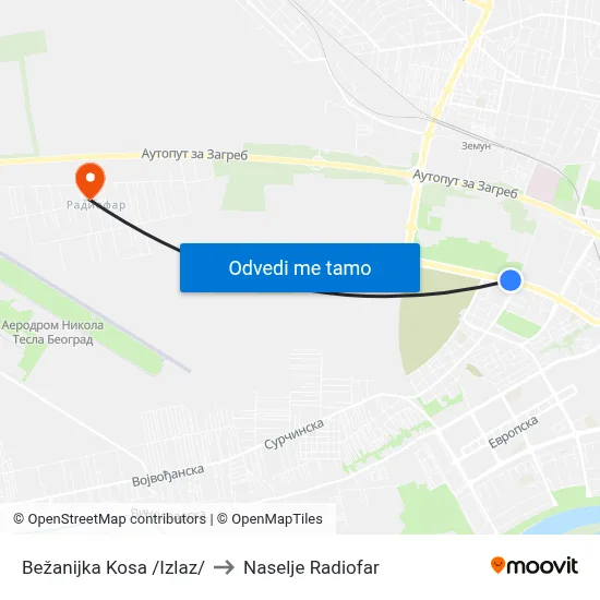Бежанијка Коса /Излаз/ to Naselje Radiofar map