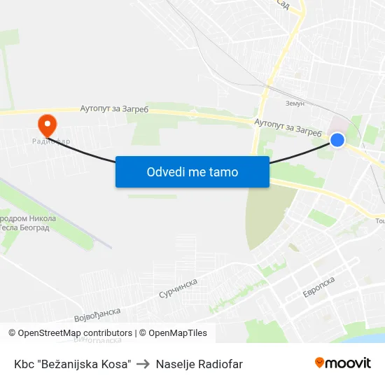 Кбц "Бежанијска Коса" to Naselje Radiofar map