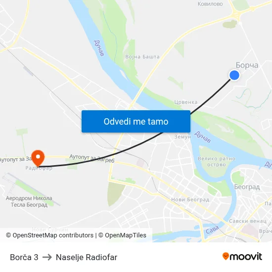 Borča 3 to Naselje Radiofar map