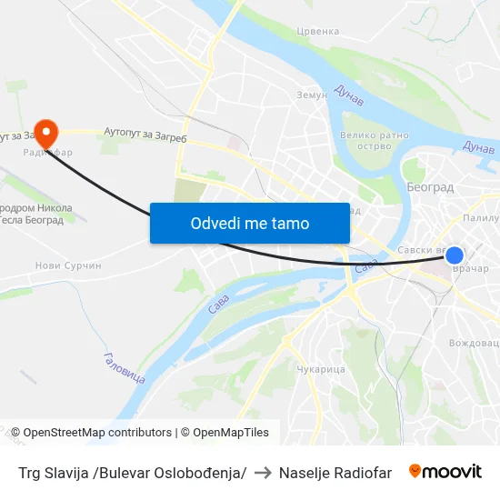 Trg Slavija /Bulevar Oslobođenja/ to Naselje Radiofar map