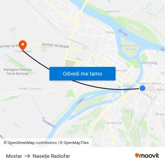 Mostar to Naselje Radiofar map