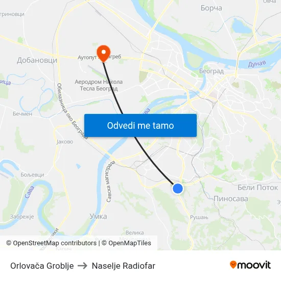 Orlovača Groblje to Naselje Radiofar map
