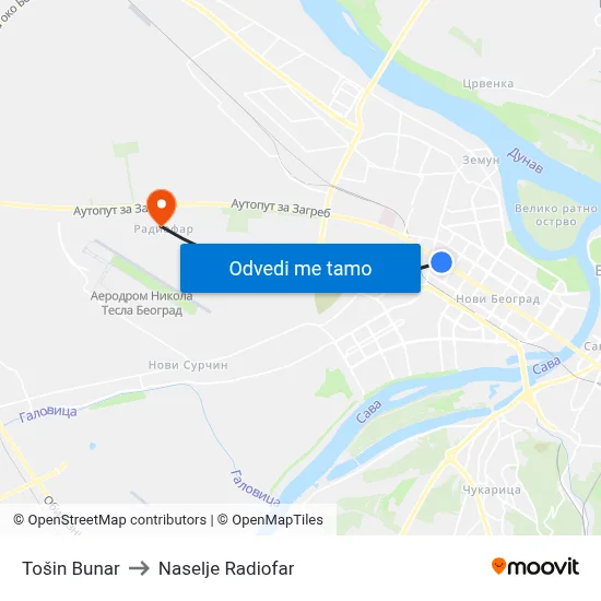 Tošin Bunar to Naselje Radiofar map