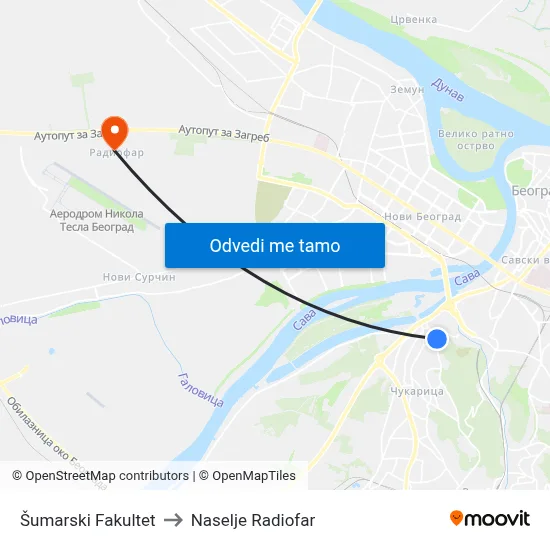 Шумарски Факултет to Naselje Radiofar map