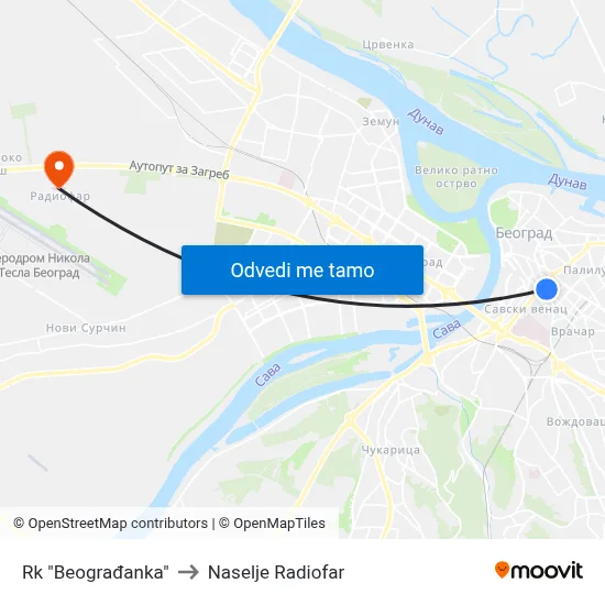 Rk "Beograđanka" to Naselje Radiofar map