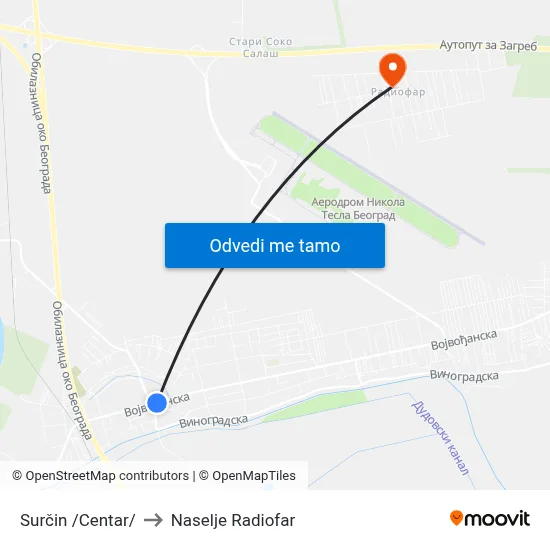 Surčin /Centar/ to Naselje Radiofar map
