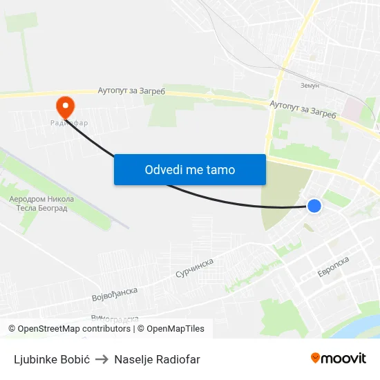 Ljubinke Bobić to Naselje Radiofar map