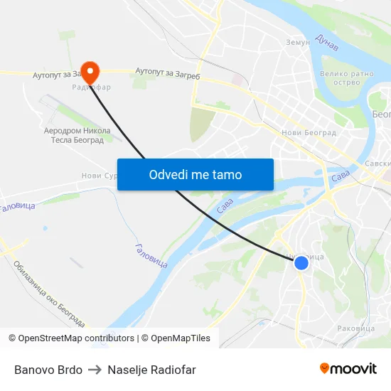 Баново Брдо to Naselje Radiofar map