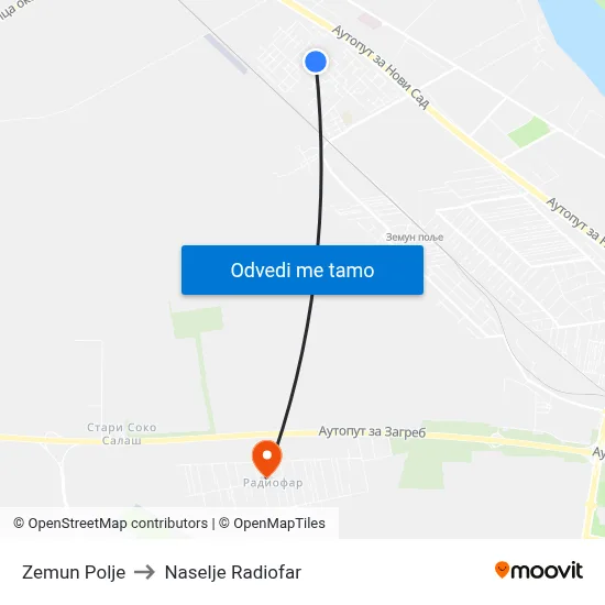 Zemun Polje to Naselje Radiofar map