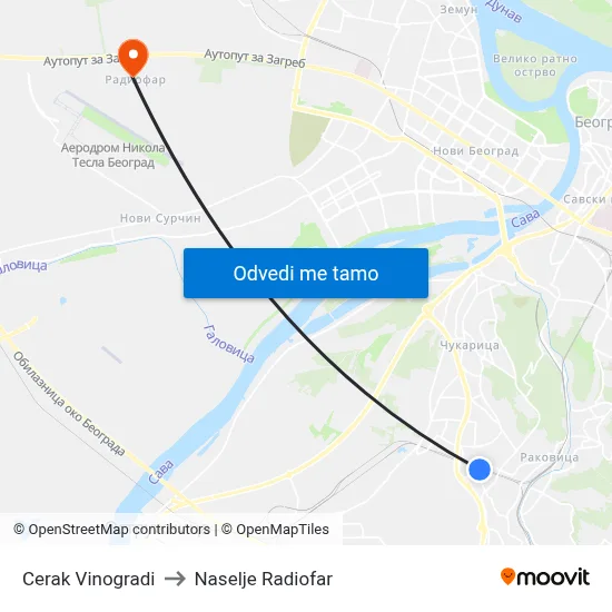 Cerak Vinogradi to Naselje Radiofar map