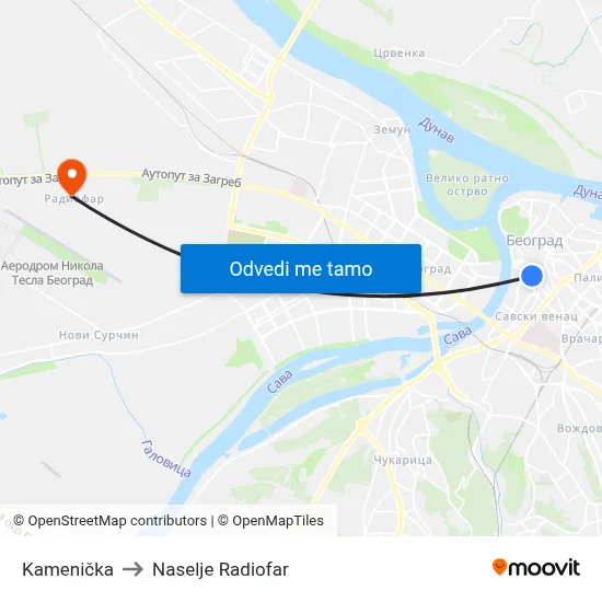 Kamenička to Naselje Radiofar map