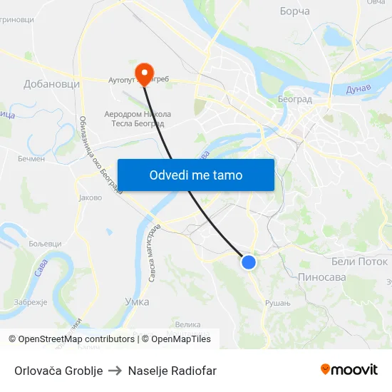 Orlovača Groblje to Naselje Radiofar map