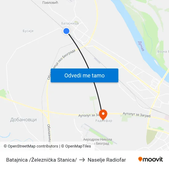 Batajnica /Železnička Stanica/ to Naselje Radiofar map