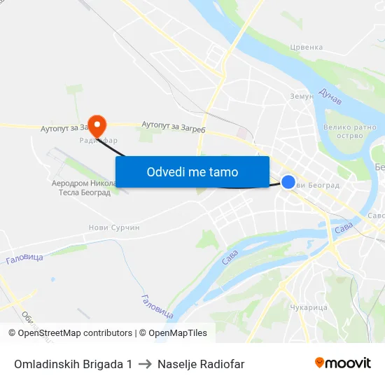Omladinskih Brigada 1 to Naselje Radiofar map