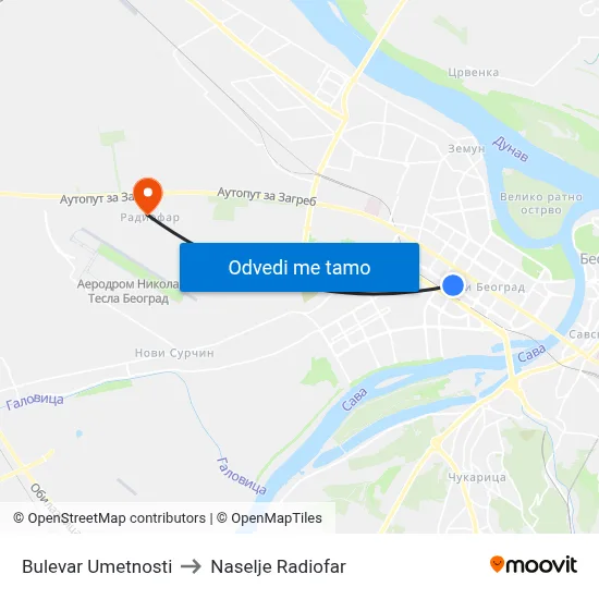 Булевар Уметности to Naselje Radiofar map
