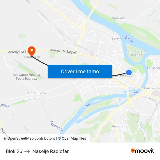 Блок 26 to Naselje Radiofar map