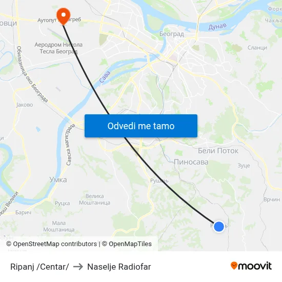 Ripanj /Centar/ to Naselje Radiofar map