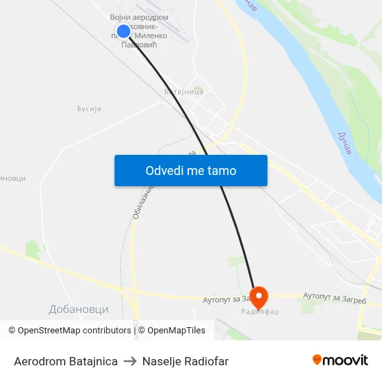Aerodrom Batajnica to Naselje Radiofar map