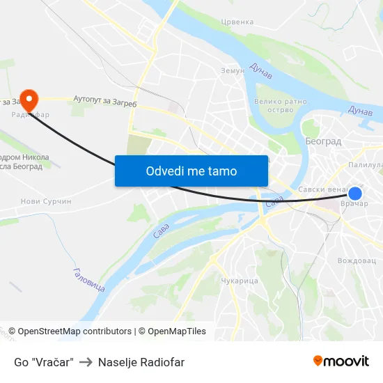Go "Vračar" to Naselje Radiofar map