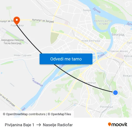 Pivljanina Baje 1 to Naselje Radiofar map