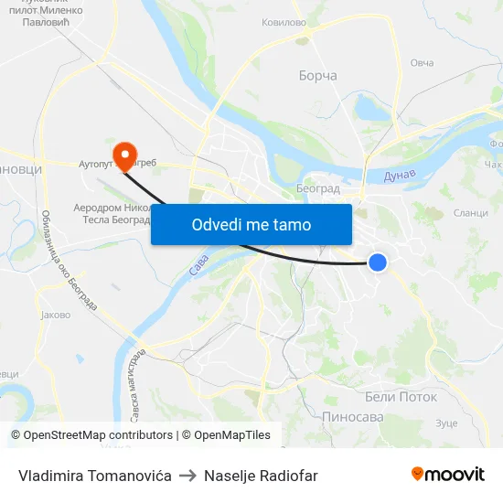 Vladimira Tomanovića to Naselje Radiofar map
