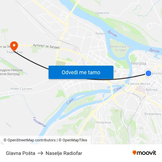 Главна Пошта to Naselje Radiofar map