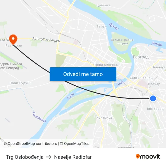 Trg Oslobođenja to Naselje Radiofar map