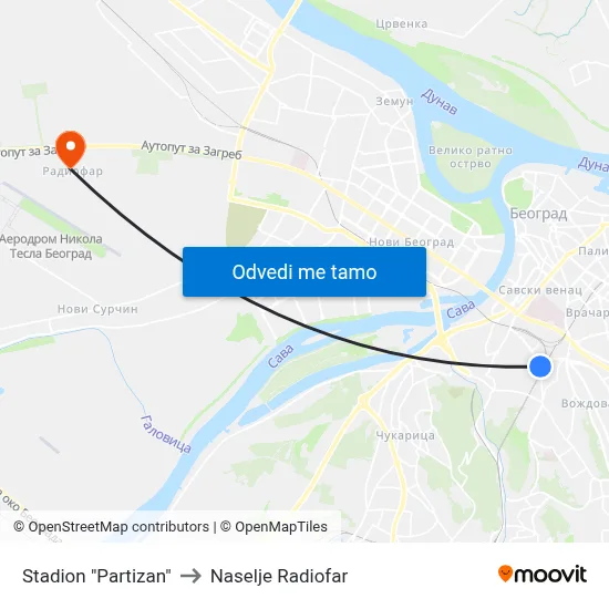 Stadion "Partizan" to Naselje Radiofar map