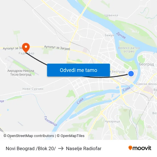 Novi Beograd /Blok 20/ to Naselje Radiofar map