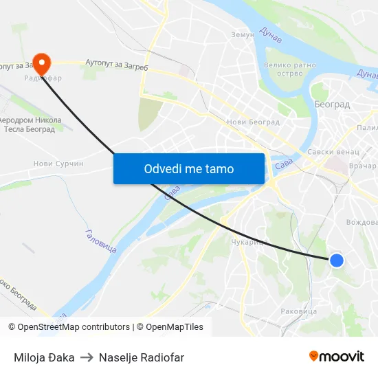 Miloja Đaka to Naselje Radiofar map
