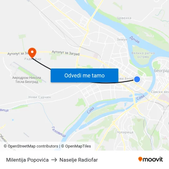 Milentija Popovića to Naselje Radiofar map