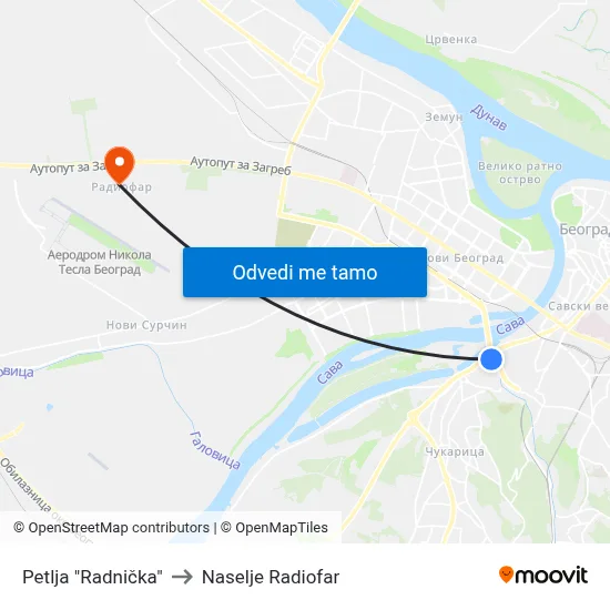 Petlja "Radnička" to Naselje Radiofar map