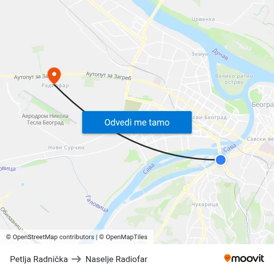Petlja Radnička to Naselje Radiofar map