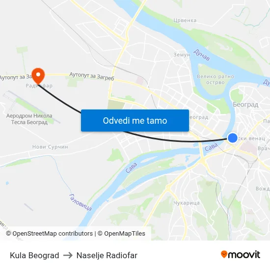 Kula Beograd to Naselje Radiofar map