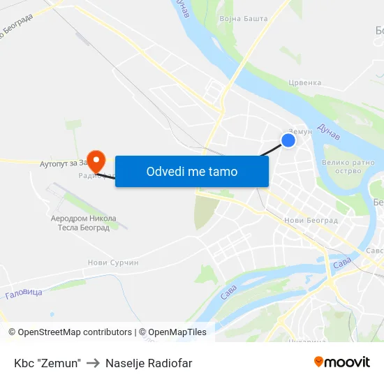 Kbc "Zemun" to Naselje Radiofar map