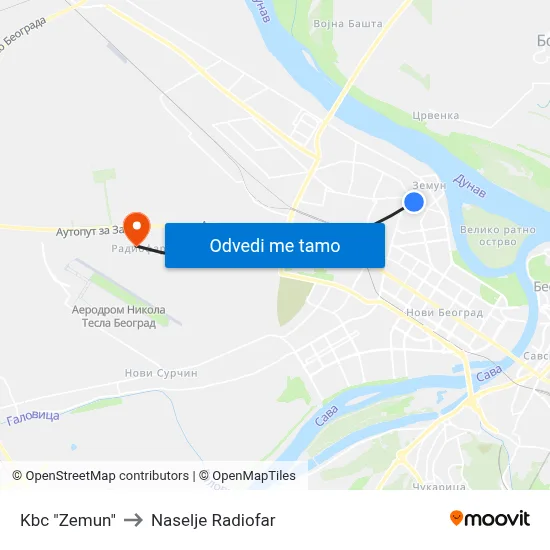 Kbc "Zemun" to Naselje Radiofar map