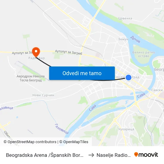 Beogradska Arena /Španskih Boraca/ to Naselje Radiofar map