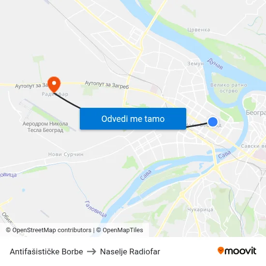 Antifašističke Borbe to Naselje Radiofar map