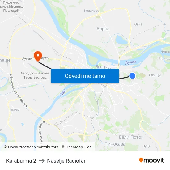 Karaburma 2 to Naselje Radiofar map
